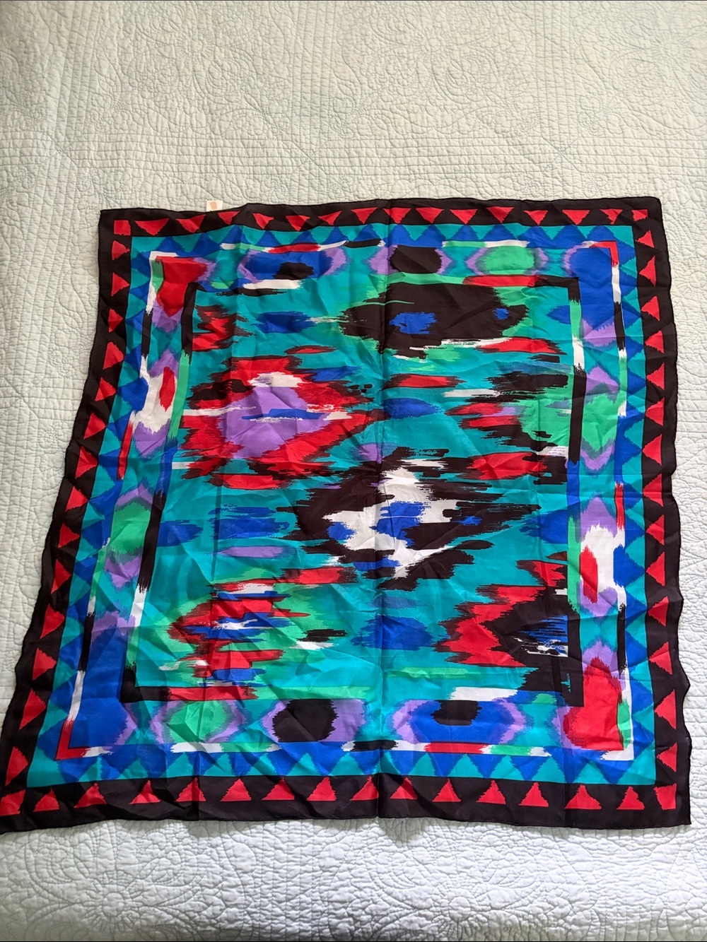 Vintage Silk Scarf in Teal, Black, Red, Blue